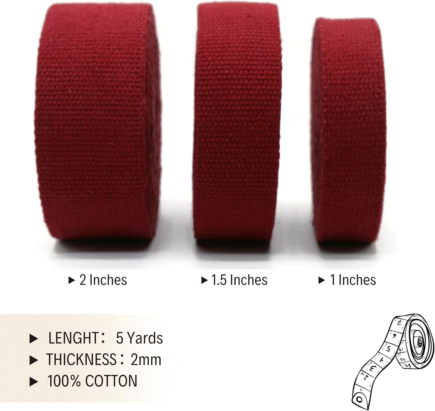 2" & 1.5'' & 1" Cotton Webbing - 5 Yards - 50+ Colors -%100 Natural Cotton - Turkish Weave - Heavy Duty 1 Inch 1.5 Inch 2 Inch Webbing for Sewing Straps Wrapping Climbing Indoors Craft DIY 11185…