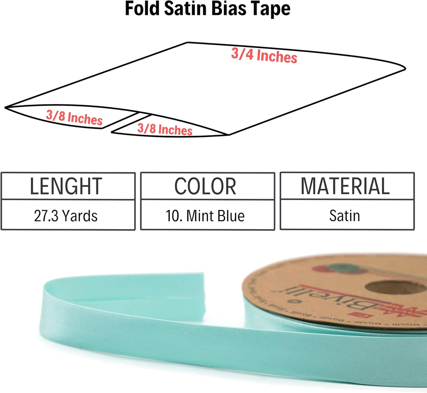Fold Satin Bias Tape - 99+ Colors - 3/4 Inches Wide - 27 Yards - Fold Satin Binding Bias Ribbon Fabric Piping Bias Binding Tape for Sewing Clothing DIY (10. Mint Blue) BYS10