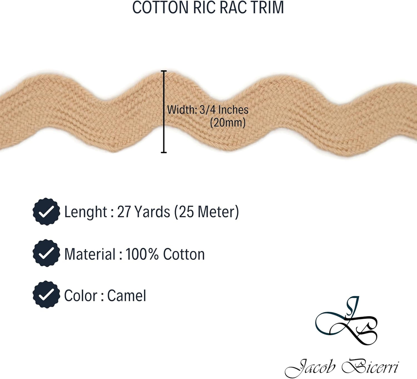 Cotton RIC Rac Trim - 3/4 Inch - 27 Yards - Wave Bending Fringe Trim Cotton Lace Ribbon RIC Rac Trim for Sewing Clothes Gift Wrapping Home Party Decoration CTR0213, Camel