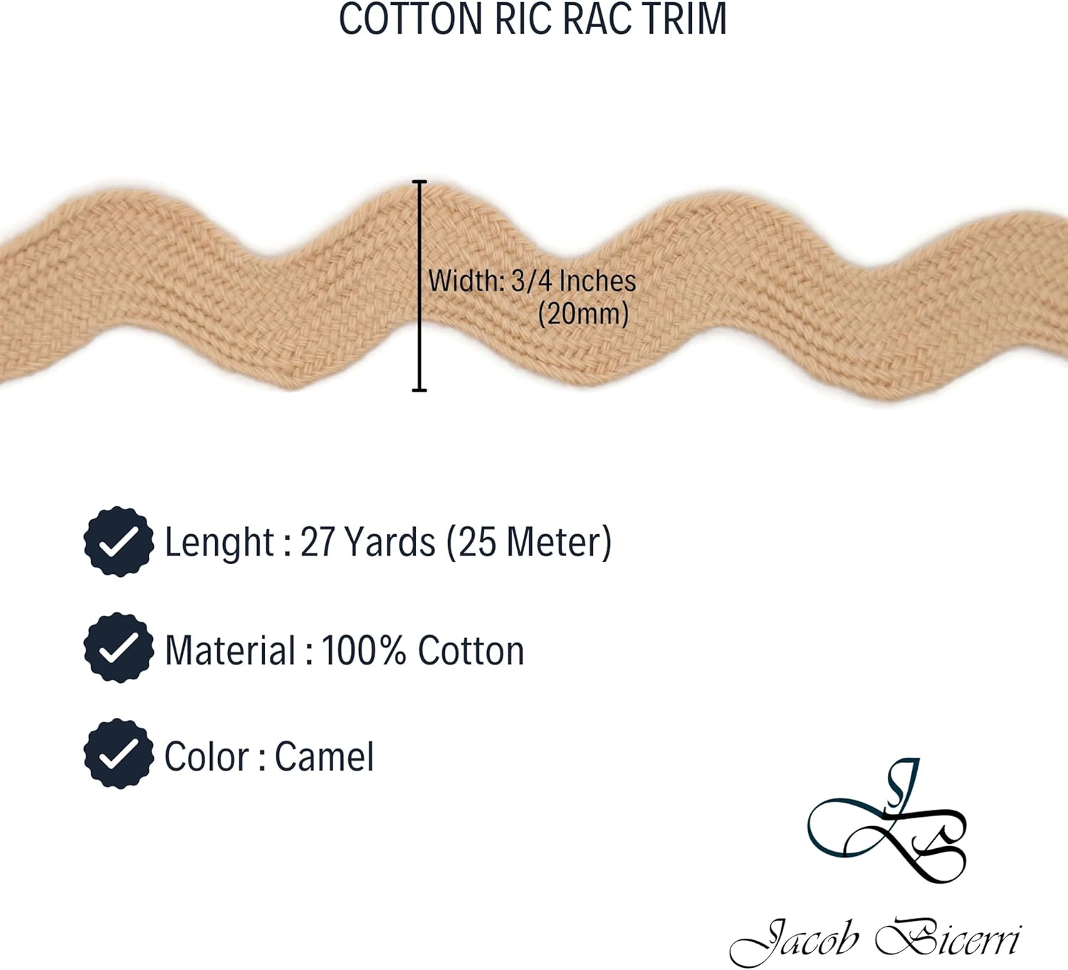 Cotton RIC Rac Trim - 3/4 Inch - 27 Yards - Wave Bending Fringe Trim Cotton Lace Ribbon RIC Rac Trim for Sewing Clothes Gift Wrapping Home Party Decoration CTR0213, Camel