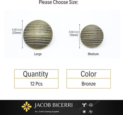 Bronze Metal Shank Buttons - 12 Pcs - 2 Size Options - Luxury Striped Round Wave Metal Shank Buttons for Men Women Blazer Coat Uniform Shirt Suit and Jacket Sewing Craft DIY N18002
