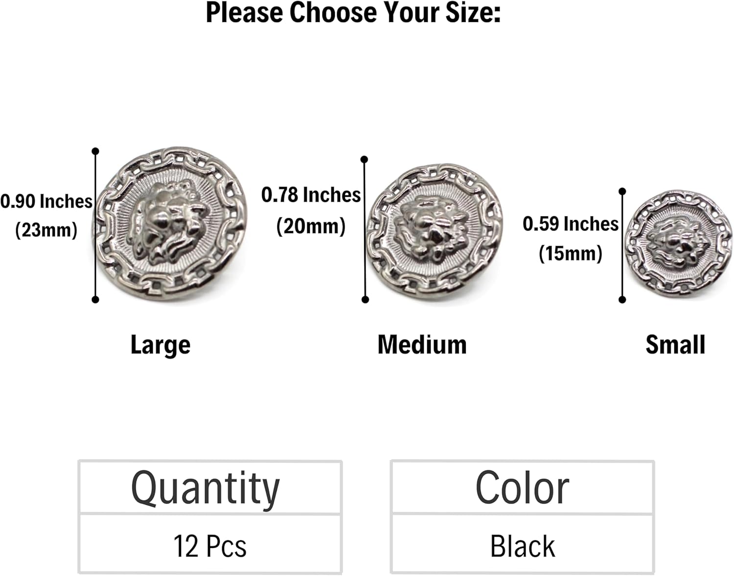 Black Metal Shank Buttons - 12 Pcs - 3 Size Options - Lion Round Metal Shank Buttons for Men Women Blazer Coat Uniform Shirt Suit and Jacket Sewing Craft DIY N2103