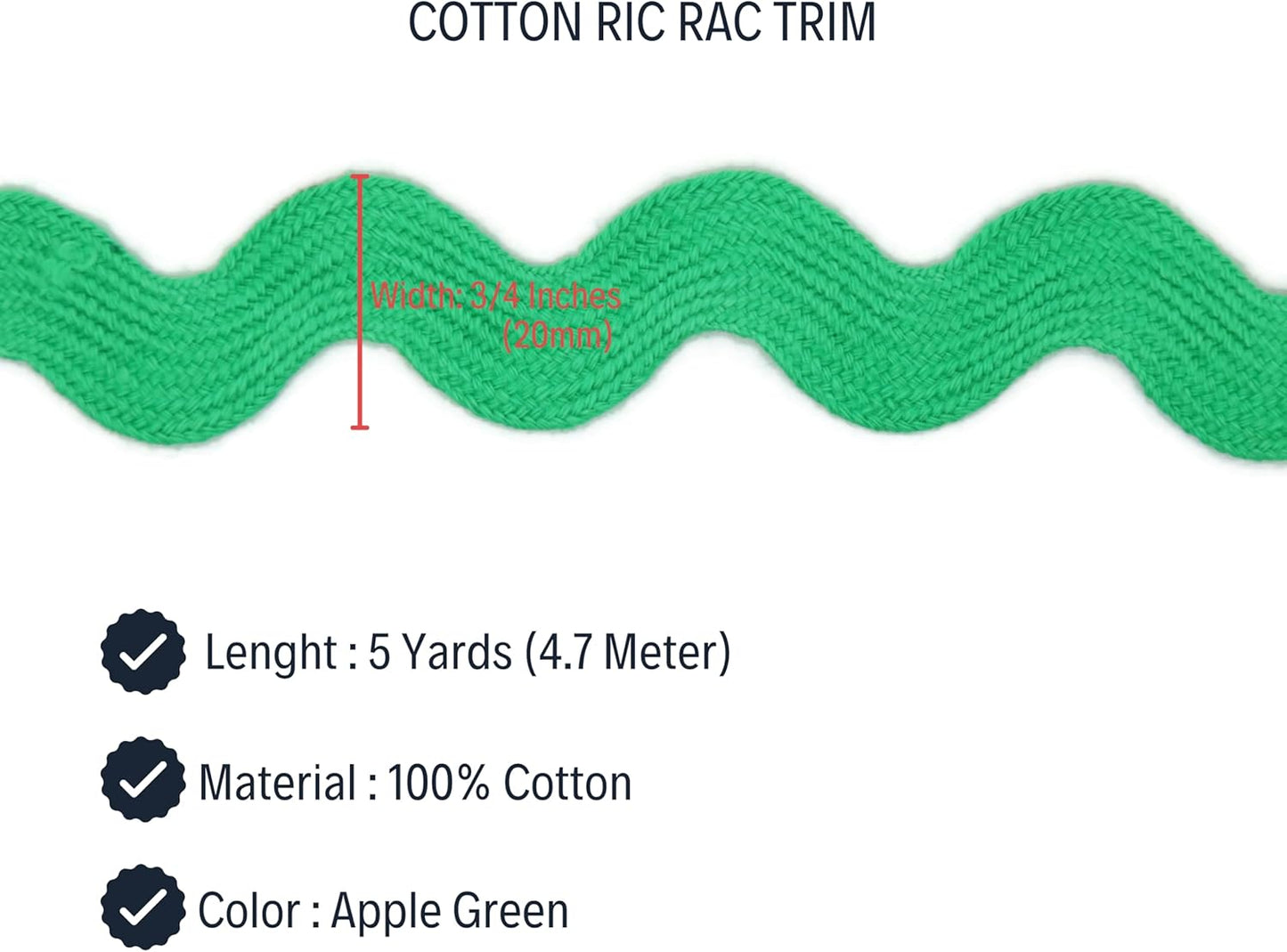 Cotton RIC Rac Trim - 3/4 Inch - 5 Yards - Green Wave Bending Fringe Lace Ribbon for Sewing Clothes, Gift Wrapping, Home Party Decoration CTR02065