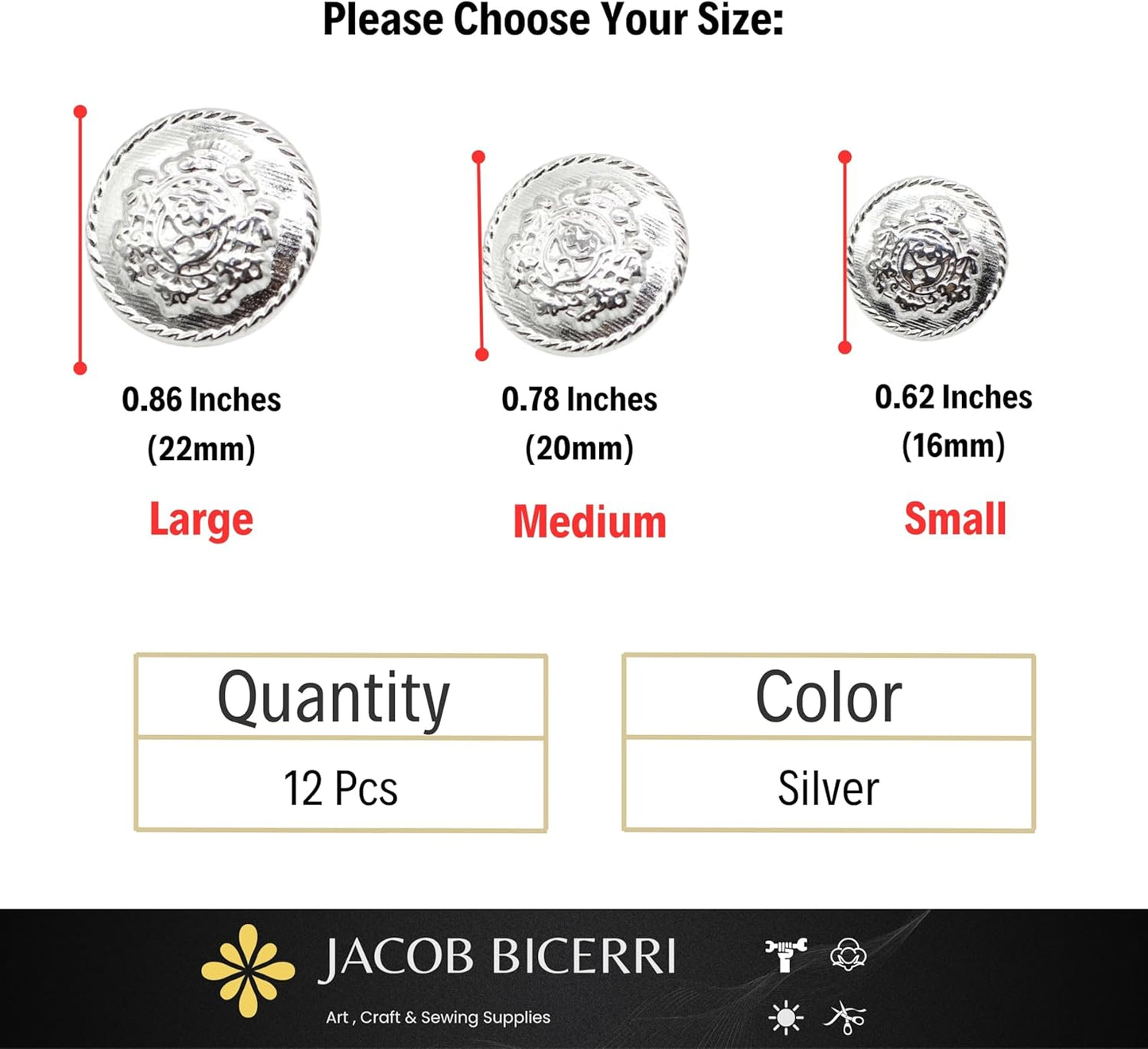 Crown Silver Metal Shank Buttons - 12 Pcs - 3 Size Options - Luxury Royal Metal Shank Buttons for Men Women Blazer Coat Uniform Shirt Suit and Jacket Sewing Craft DIY N6402