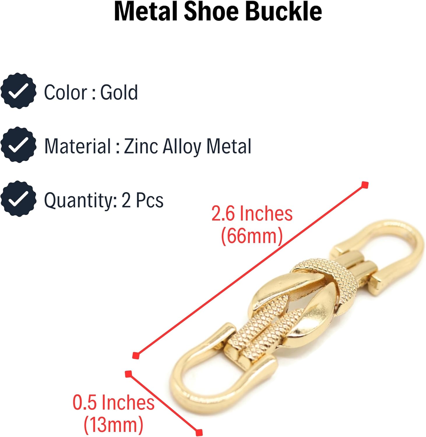 2.6 Inch (66mm) Gold Zinc Alloy Metal Shoe Buckle - 2 Pcs - Equestrian Buckles For Craft & Sewing Project BG0902