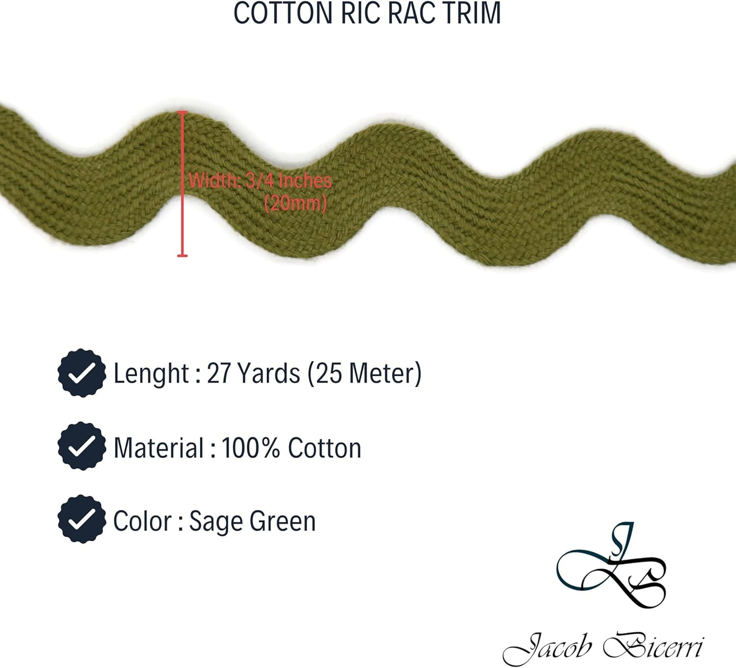 Cotton RIC Rac Trim - 3/4 Inch - 27 Yards - Wave Bending Fringe Trim Cotton Lace Ribbon RIC Rac Trim for Sewing Clothes Gift Wrapping Home Party Decoration CTR0205, Sage Green