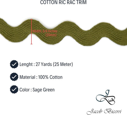 Cotton RIC Rac Trim - 3/4 Inch - 27 Yards - Wave Bending Fringe Trim Cotton Lace Ribbon RIC Rac Trim for Sewing Clothes Gift Wrapping Home Party Decoration CTR0205, Sage Green