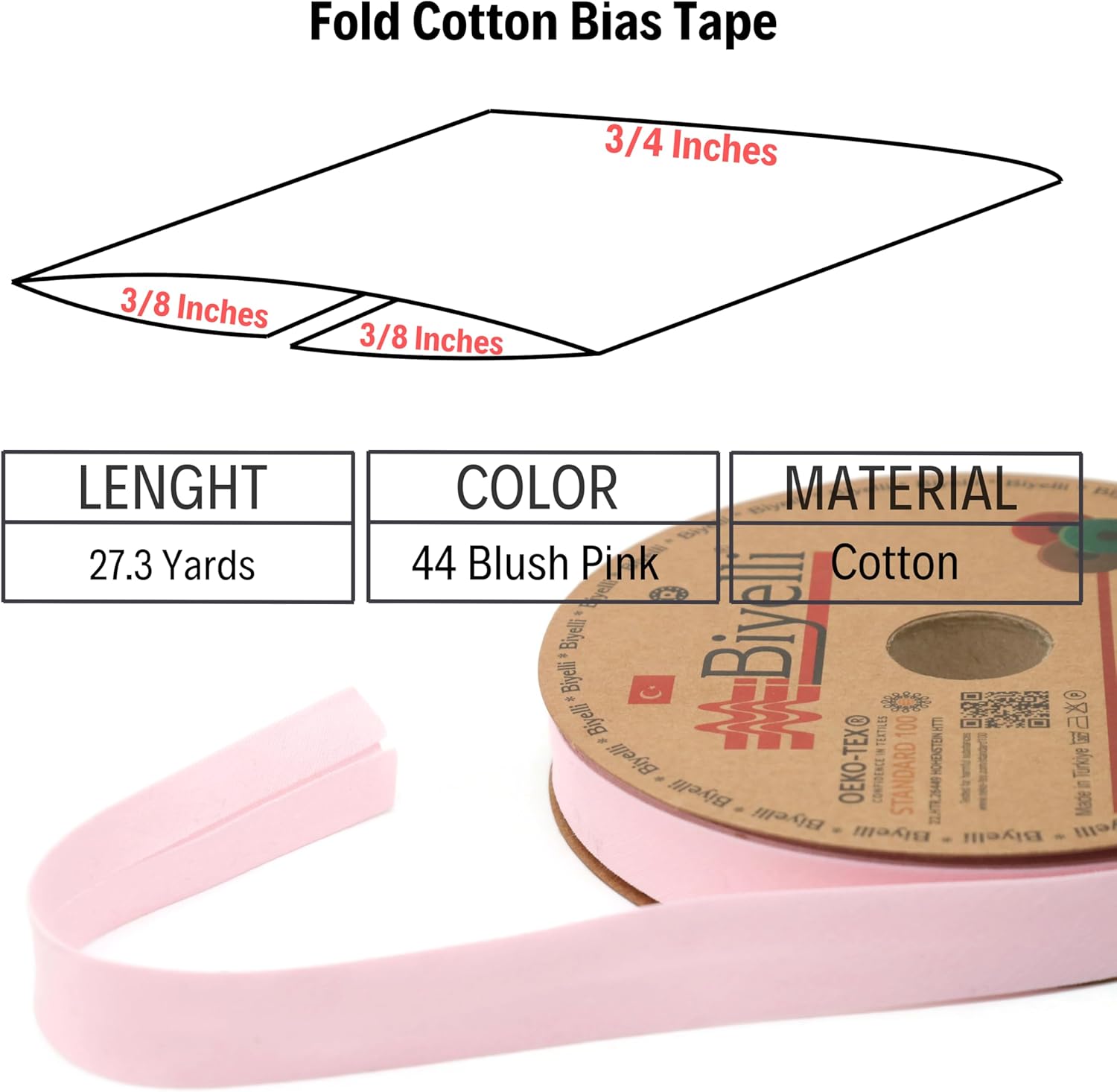 Cotton Fold Bias Tape - 3/4 Inches (20mm) Wide - 27 Yards - 65+ Colors - Single Fold Cotton Fold Bias Binding Tape for Sewing Clothing DIY (44. Blush Pink) D44