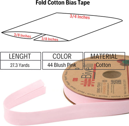 Cotton Fold Bias Tape - 3/4 Inches (20mm) Wide - 27 Yards - 65+ Colors - Single Fold Cotton Fold Bias Binding Tape for Sewing Clothing DIY (44. Blush Pink) D44