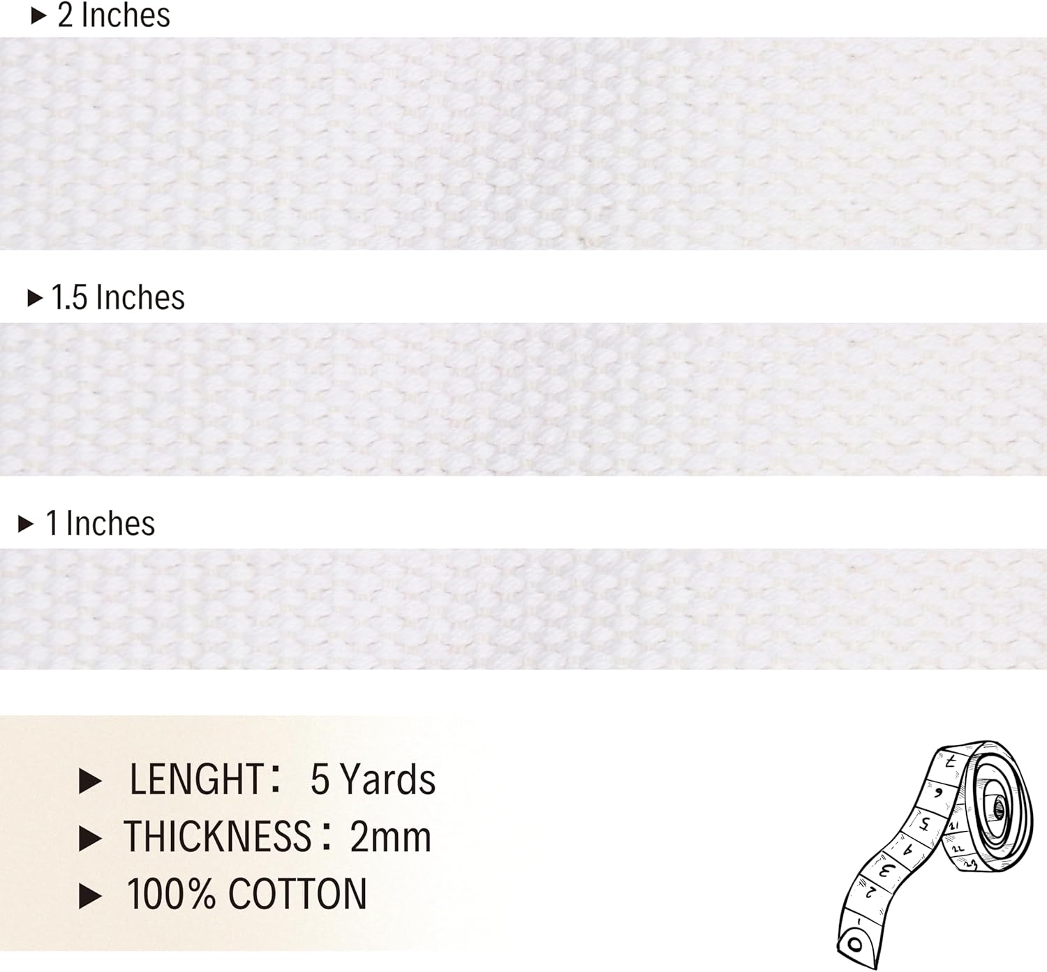 2" & 1.5'' & 1" Cotton Webbing - 5 Yards - 50+ Colors -%100 Natural Cotton - Turkish Woven - Heavy Duty 1 Inch 1.5 Inch 2 Inch Canvas Webbing for Sewing Straps Bags Climbing Indoors Craft DIY 116055…