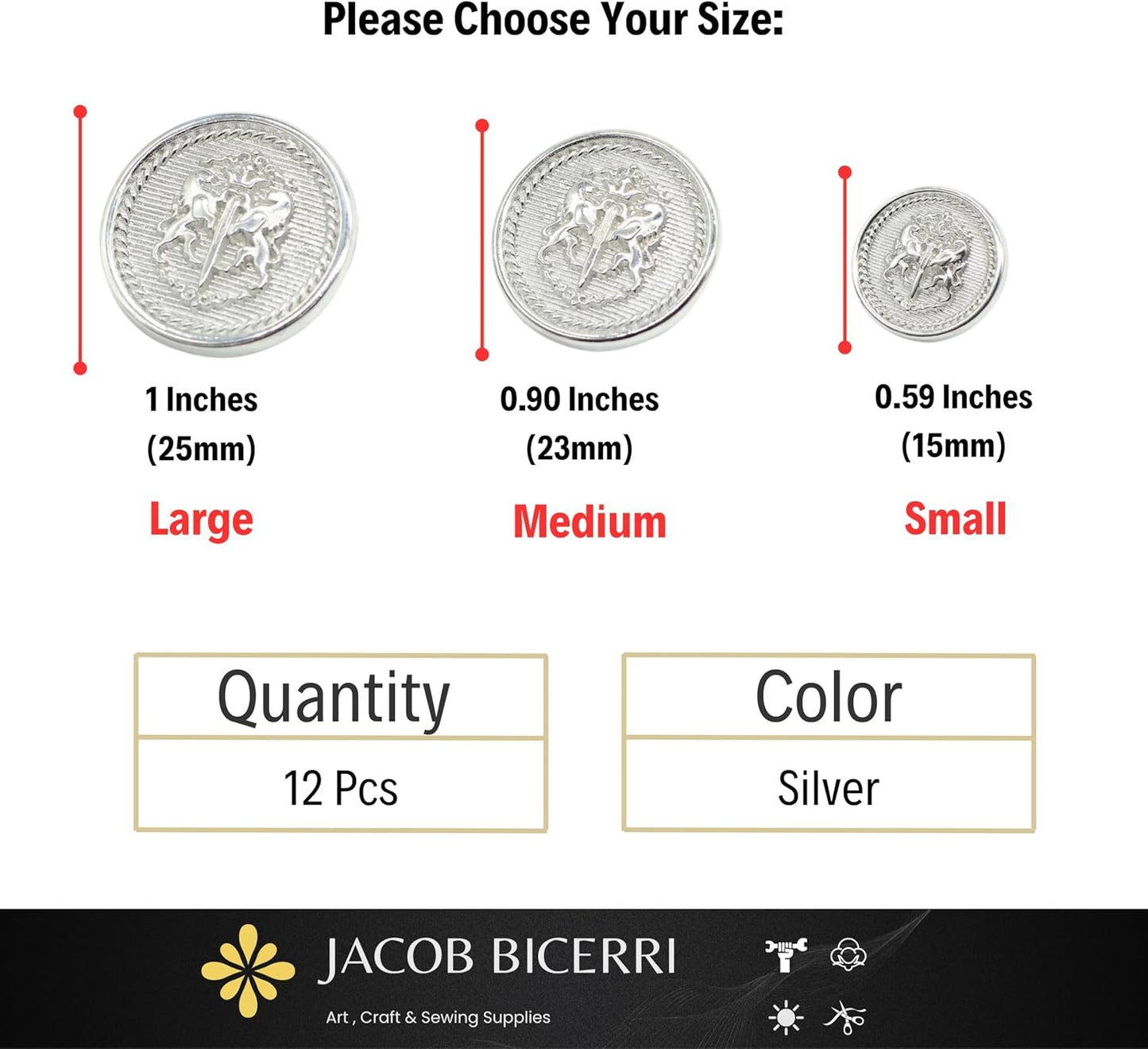 Twin Lion Silver Metal Shank Buttons - 12 Pcs - 3 Size Options - Luxury Twin Lion Crown Kingdom Metal Shank Buttons for Men Women Blazer Coat Uniform Shirt Suit and Jacket Sewing Craft DIY N6601