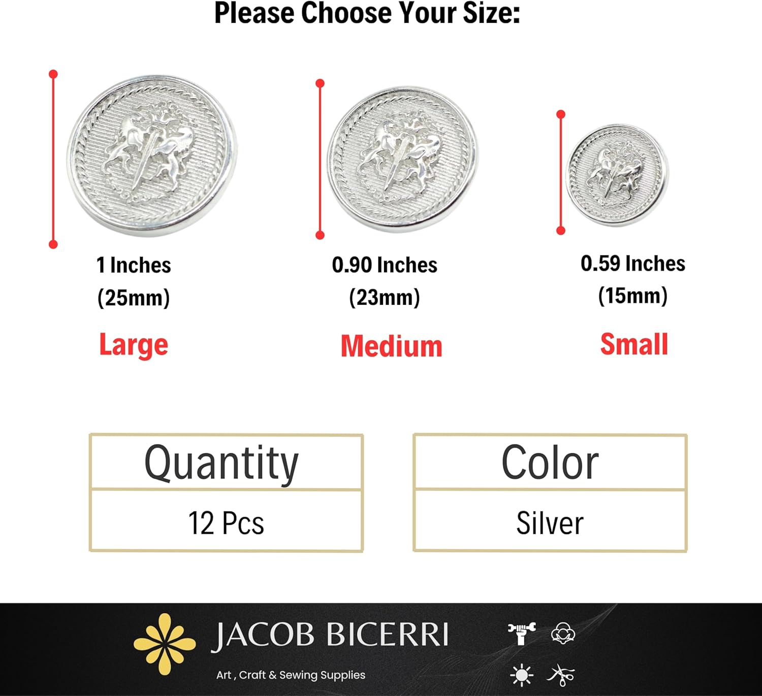 Twin Lion Silver Metal Shank Buttons - 12 Pcs - 3 Size Options - Luxury Twin Lion Crown Kingdom Metal Shank Buttons for Men Women Blazer Coat Uniform Shirt Suit and Jacket Sewing Craft DIY N6601