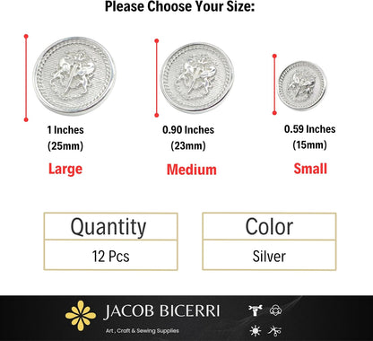 Twin Lion Silver Metal Shank Buttons - 12 Pcs - 3 Size Options - Luxury Twin Lion Crown Kingdom Metal Shank Buttons for Men Women Blazer Coat Uniform Shirt Suit and Jacket Sewing Craft DIY N6601