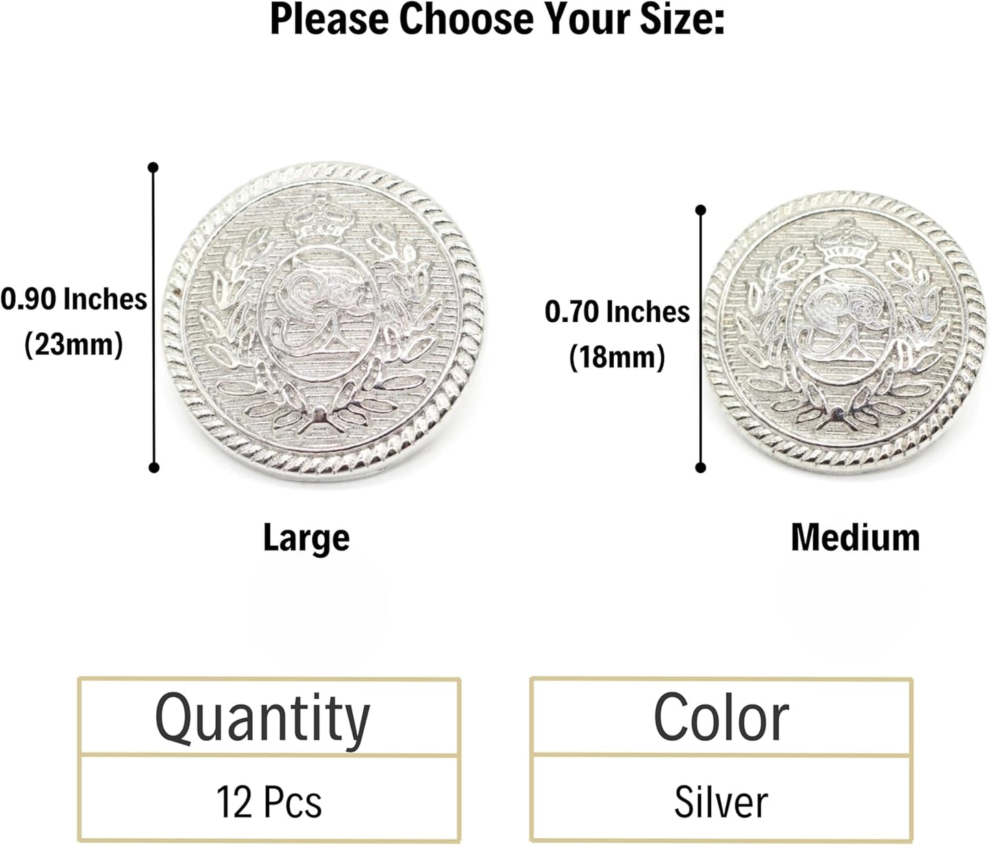 Silver Metal Shank Buttons - 12 Pcs - 2 Size Options - Luxury Floral Kingdom Round Metal Shank Buttons for Men Women Blazer Coat Uniform Shirt Suit and Jacket Sewing Craft DIY N1602