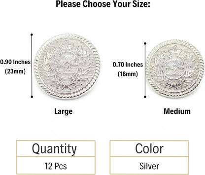 Silver Metal Shank Buttons - 12 Pcs - 2 Size Options - Luxury Floral Kingdom Round Metal Shank Buttons for Men Women Blazer Coat Uniform Shirt Suit and Jacket Sewing Craft DIY N1602
