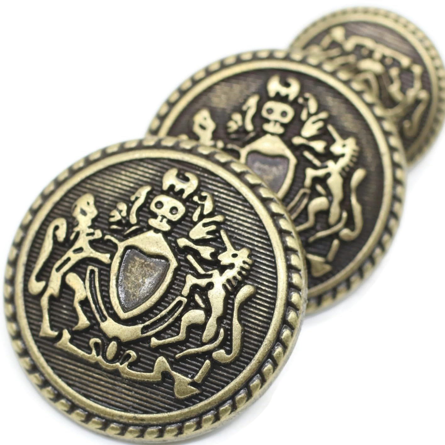 Gold Metal Shank Buttons - 12 Pcs - 3 Size Options - Twin Lion of Kingdom Round Metal Shank Buttons for Men Women Blazer Coat Uniform Shirt Suit and Jacket Sewing Craft DIY N3903