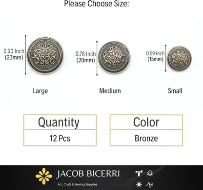 Bronze Metal Shank Buttons - 12 Pcs - 3 Size Options - Floral Round Metal Shank Buttons for Men Women Blazer Coat Uniform Shirt Suit and Jacket Sewing Craft DIY N17703