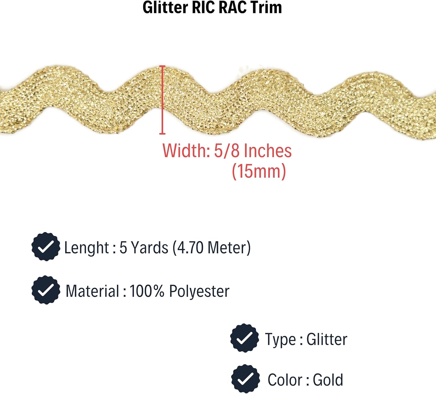 Glitter RIC Rac Trim - 5/8 Inch (15mm) - 5 Yards - Wave Bending Fringe Trim Glitter Lace Ribbon RIC Rac Trim for Sewing Clothes Gift Wrapping Home Party Decoration GL0105