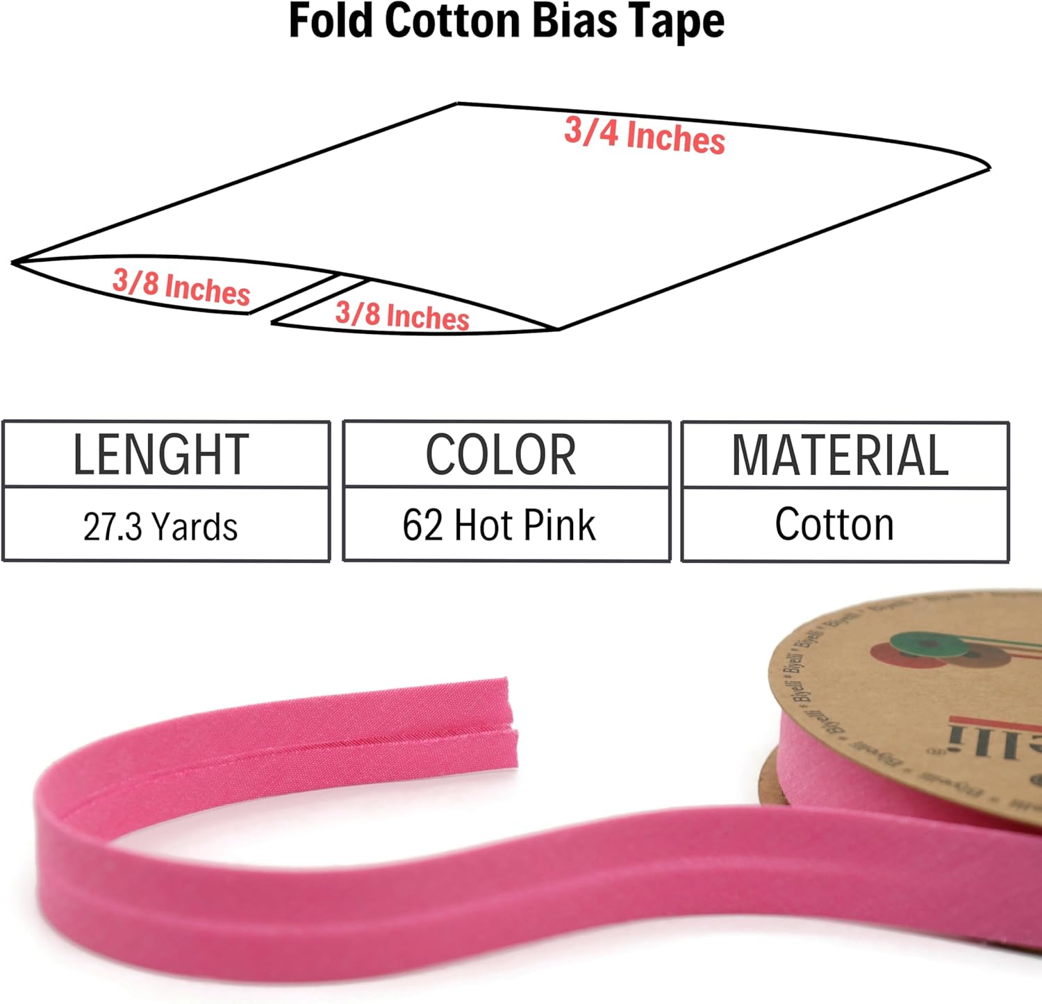 Cotton Fold Bias Tape - 3/4 Inches (20mm) Wide - 27 Yards - 65+ Colors - Single Fold Cotton Fold Bias Binding Tape for Sewing Clothing DIY (62. Hot Pink) D62