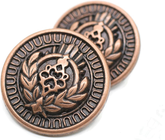 Antique Copper Metal Shank Buttons - 12 Pcs - 3 Size Options - Floral Round Metal Shank Buttons Vintage for Men Women Blazer Coat Uniform Shirt Suit and Jacket Sewing Craft DIY N22903