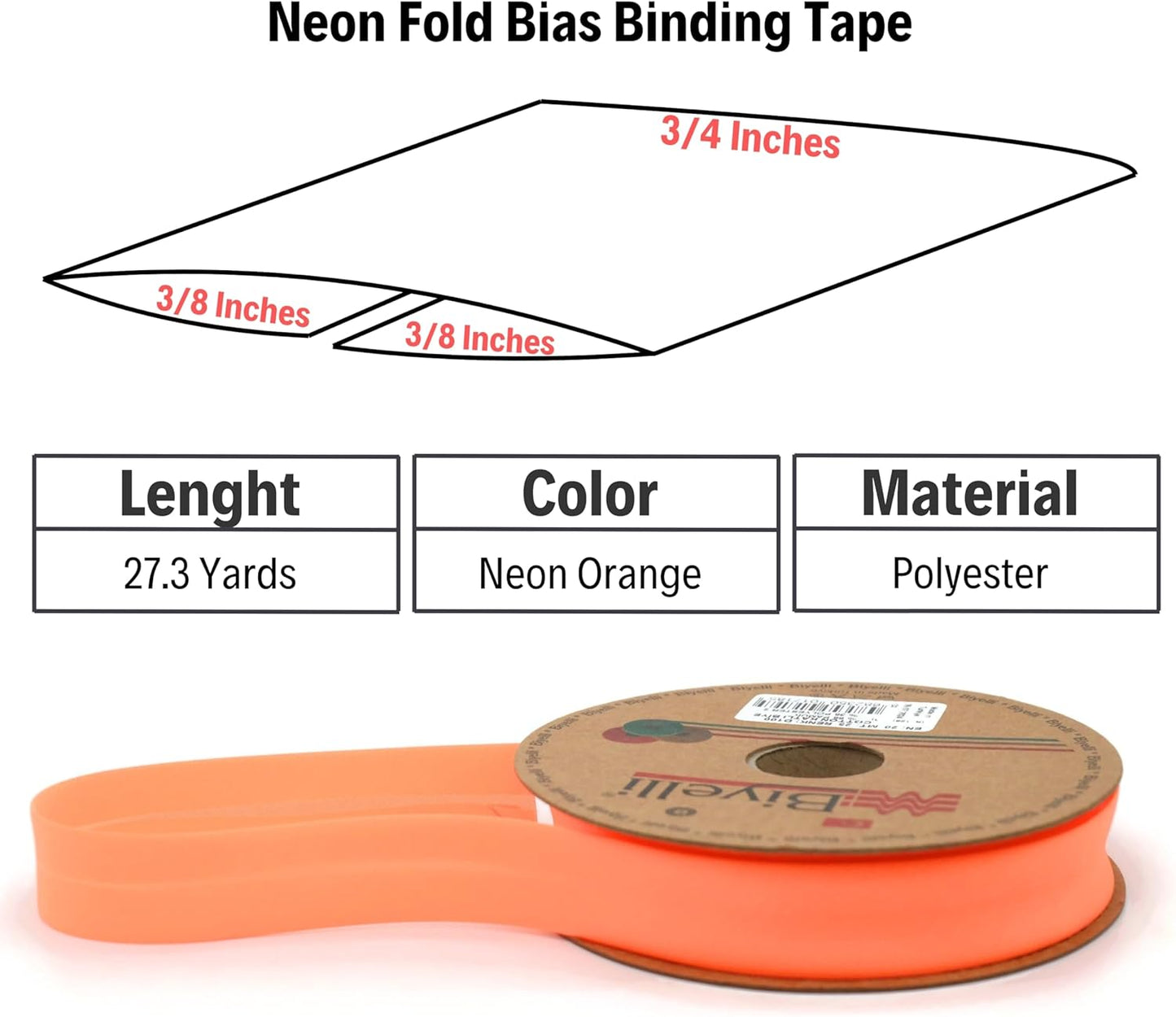 Fold Neon Bias Binding Tape - 99+ Colors - 3/4 Inches Wide - 27 Yards - Fold Neon Binding Bias Ribbon Fabric Piping Bias Binding Tape for Sewing Clothing DIY Orange D100