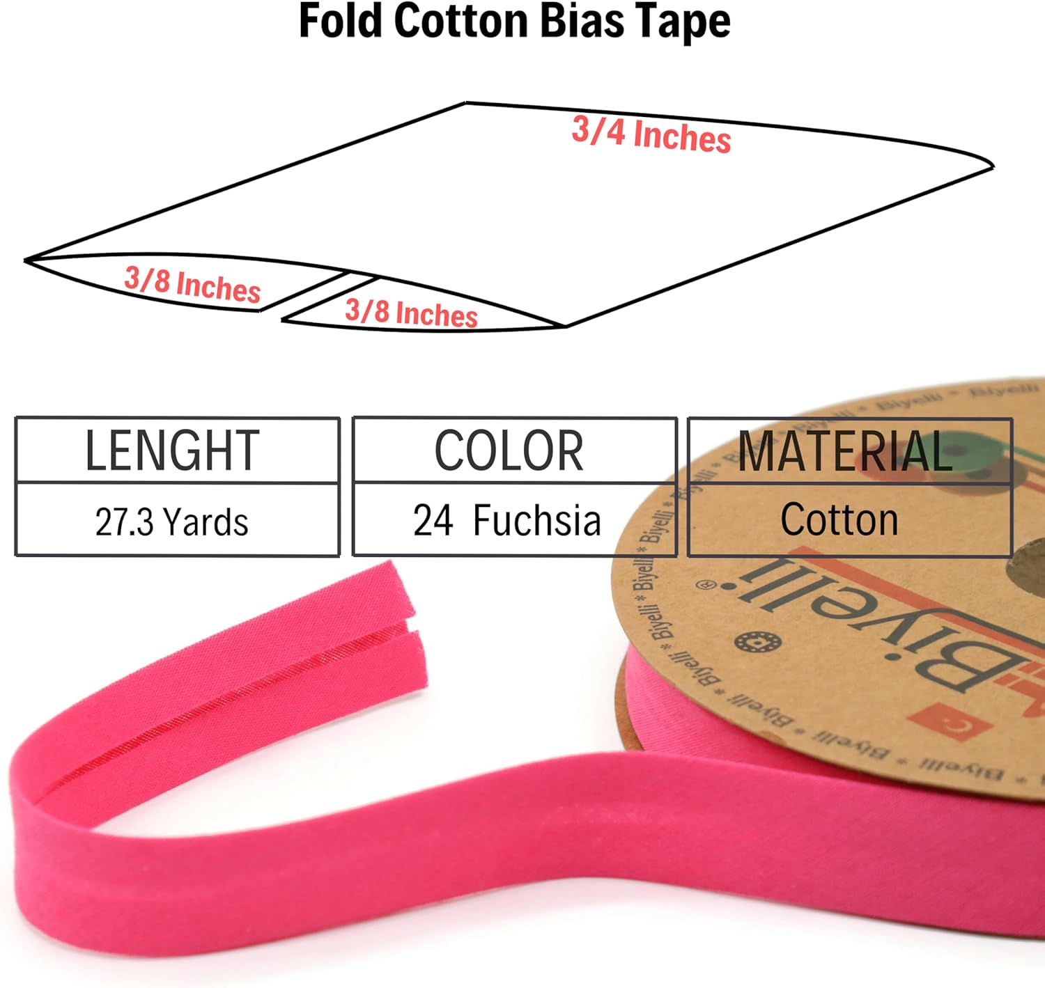 Cotton Fold Bias Tape - 3/4 Inches (20mm) Wide - 27 Yards - 65+ Colors - Single Fold Cotton Fold Bias Binding Tape for Sewing Clothing DIY (24. Fuchsia) D24