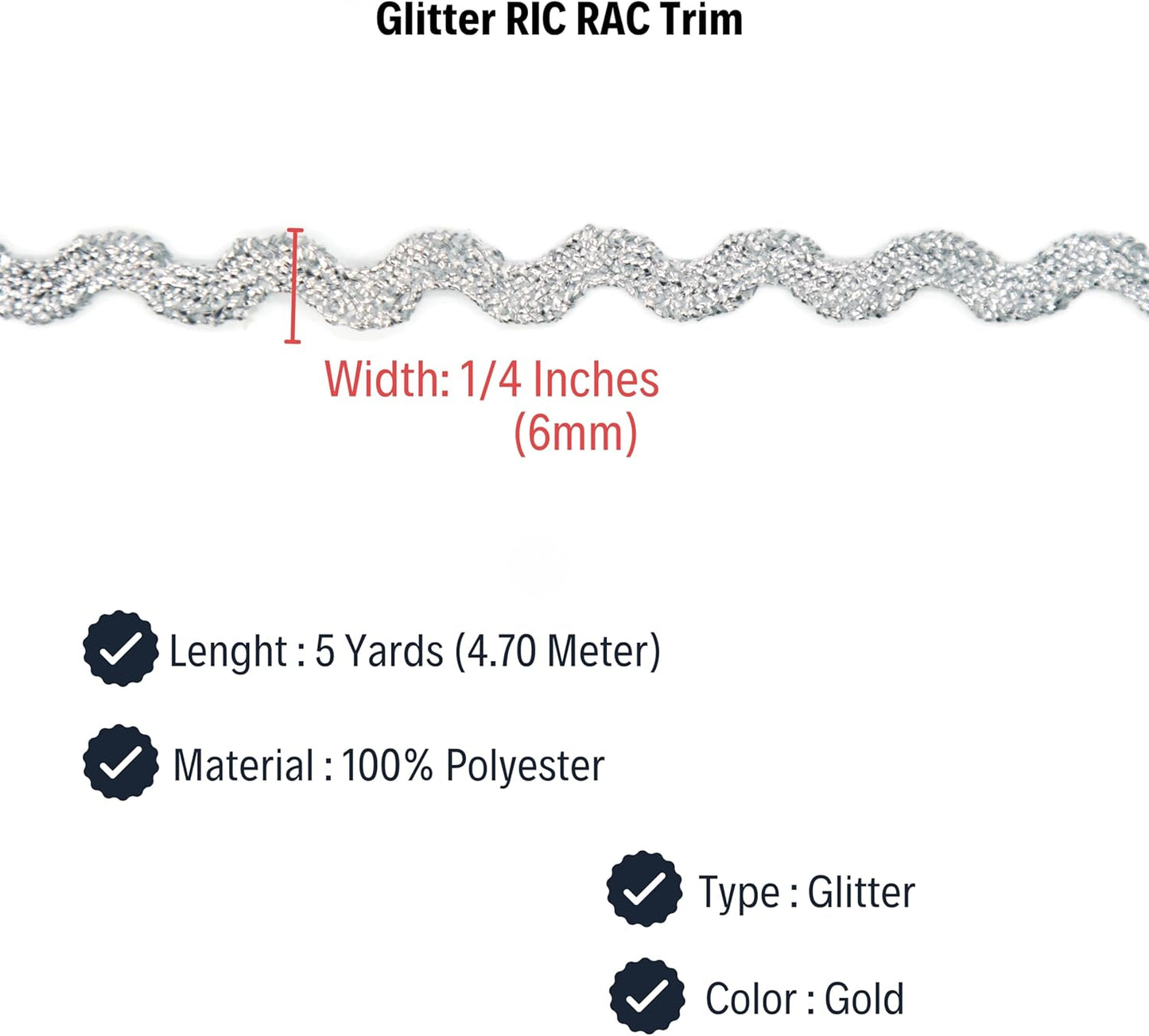 Glitter RIC Rac Trim - 1/4 Inch (6mm) - 5 Yards - Silver Wave Bending Fringe Trim Glitter Lace Ribbon RIC Rac Trim for Sewing Clothes Gift Wrapping Home Party Decoration GL0405