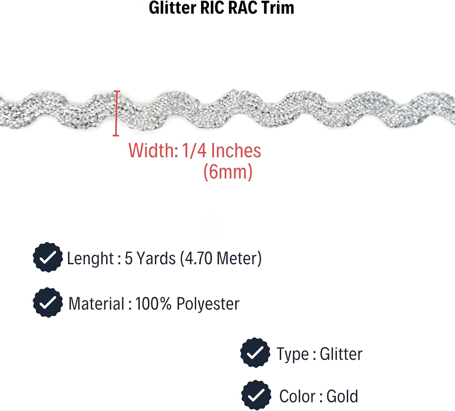 Glitter RIC Rac Trim - 1/4 Inch (6mm) - 5 Yards - Silver Wave Bending Fringe Trim Glitter Lace Ribbon RIC Rac Trim for Sewing Clothes Gift Wrapping Home Party Decoration GL0405