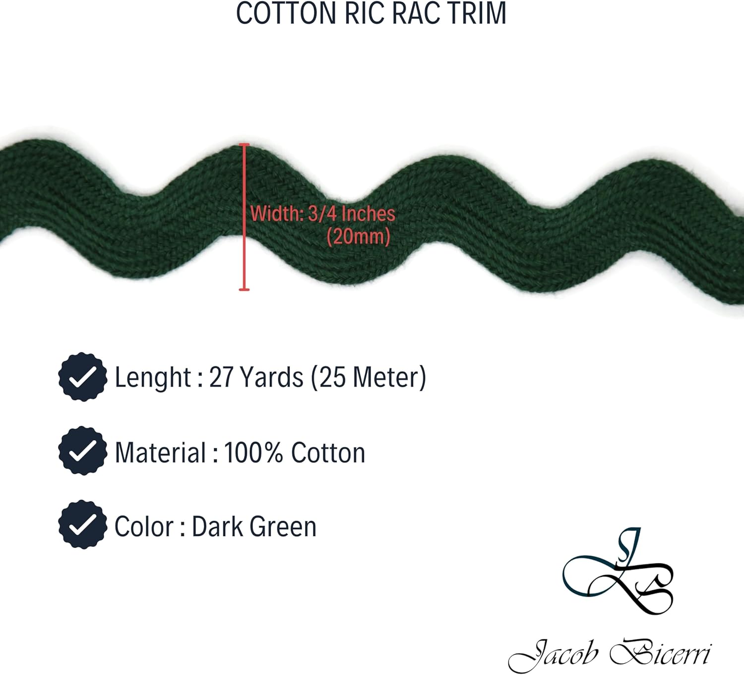 Cotton RIC Rac Trim - 3/4 Inch - 27 Yards - Wave Bending Fringe Trim Cotton Lace Ribbon for Sewing Clothes Gift Wrapping Home Party Decoration CTR0204