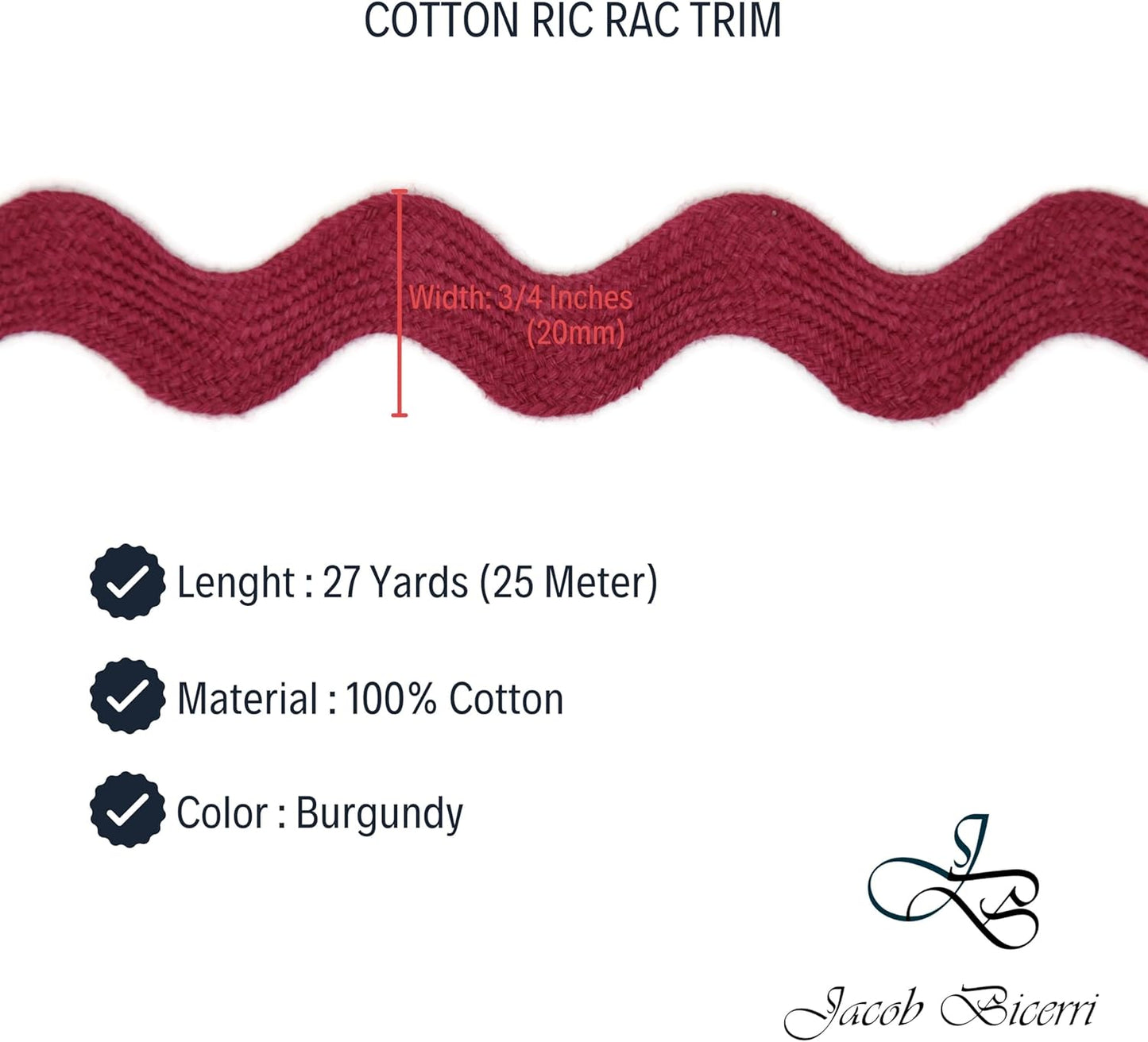 Cotton RIC Rac Trim - 3/4 Inch - 27 Yards - Wave Bending Fringe Trim Cotton Lace Ribbon RIC Rac Trim for Sewing Clothes Gift Wrapping Home Party Decoration CTR0207