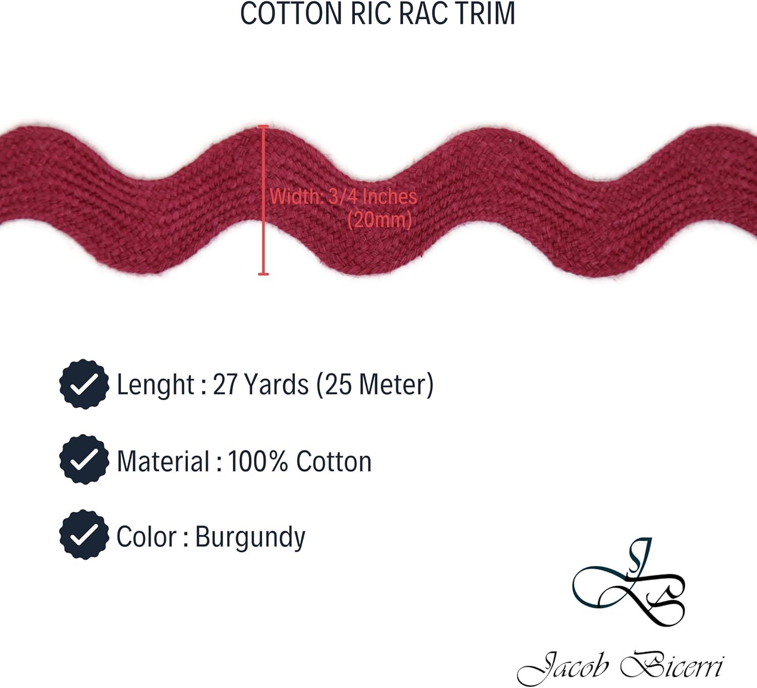 Cotton RIC Rac Trim - 3/4 Inch - 27 Yards - Wave Bending Fringe Trim Cotton Lace Ribbon RIC Rac Trim for Sewing Clothes Gift Wrapping Home Party Decoration CTR0207