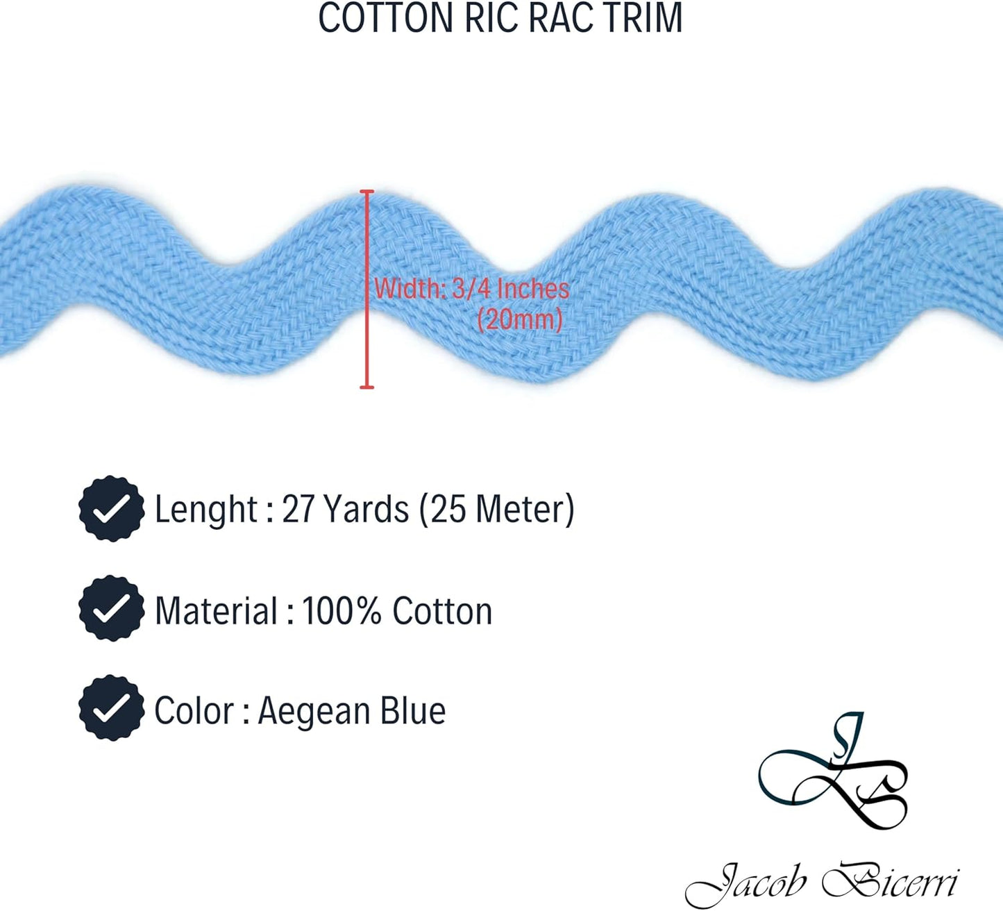 Cotton RIC Rac Trim - 3/4 Inch - 27 Yards - Blue Wave Bending Fringe Trim Cotton Lace Ribbon RIC Rac Trim for Sewing Clothes Gift Wrapping Home Party Decoration CTR0202