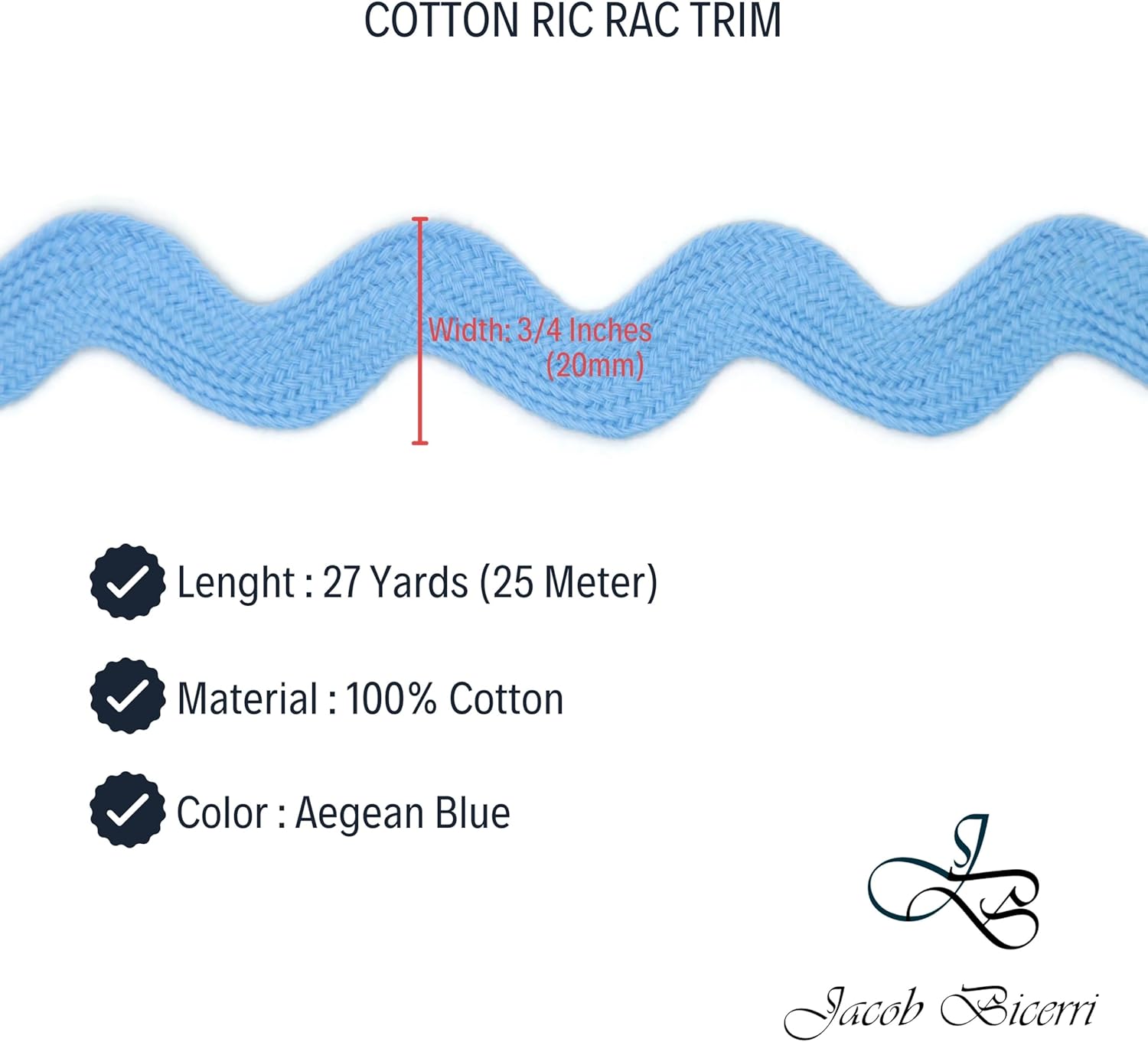 Cotton RIC Rac Trim - 3/4 Inch - 27 Yards - Blue Wave Bending Fringe Trim Cotton Lace Ribbon RIC Rac Trim for Sewing Clothes Gift Wrapping Home Party Decoration CTR0202