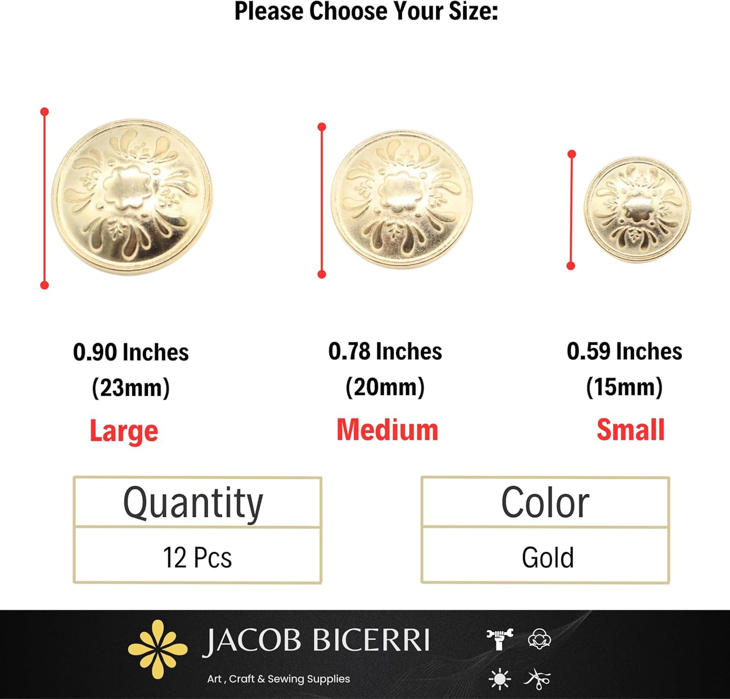 Gold Metal Shank Buttons - 12 Pcs - 3 Size Options - Floral Round Metal Shank Buttons for Men Women Blazer Coat Uniform Shirt Suit and Jacket Sewing Craft DIY N3703