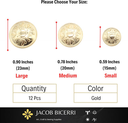 Gold Metal Shank Buttons - 12 Pcs - 3 Size Options - Floral Round Metal Shank Buttons for Men Women Blazer Coat Uniform Shirt Suit and Jacket Sewing Craft DIY N3703