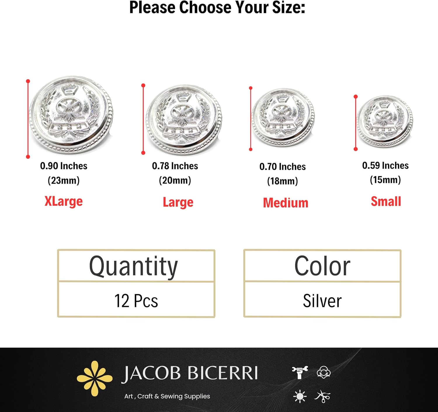 Silver Metal Shank Buttons - 12 Pcs - 4 Size Options - Crown Round Metal Shank Buttons for Men Women Blazer Coat Uniform Shirt Suit and Jacket Sewing Craft DIY N8701