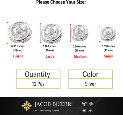 Silver Metal Shank Buttons - 12 Pcs - 4 Size Options - Crown Round Metal Shank Buttons for Men Women Blazer Coat Uniform Shirt Suit and Jacket Sewing Craft DIY N8701