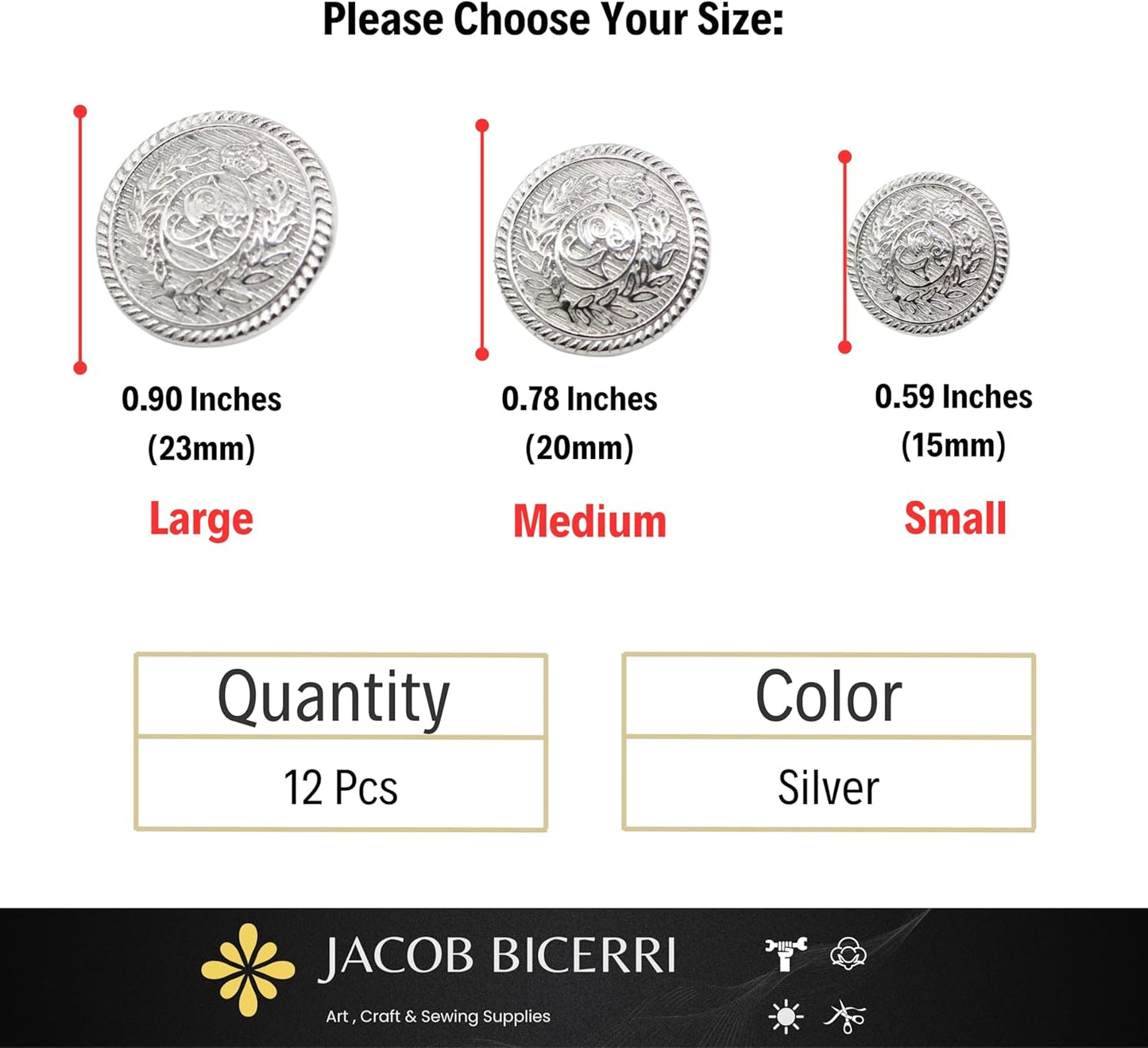 Silver Metal Shank Buttons - 12 Pcs - 3 Size Options - Floral Crown Kingdom Round Metal Shank Buttons for Men Women Blazer Coat Uniform Shirt Suit and Jacket Sewing Craft DIY N6101