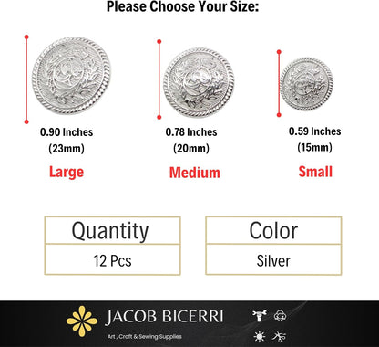 Silver Metal Shank Buttons - 12 Pcs - 3 Size Options - Floral Crown Kingdom Round Metal Shank Buttons for Men Women Blazer Coat Uniform Shirt Suit and Jacket Sewing Craft DIY N6101