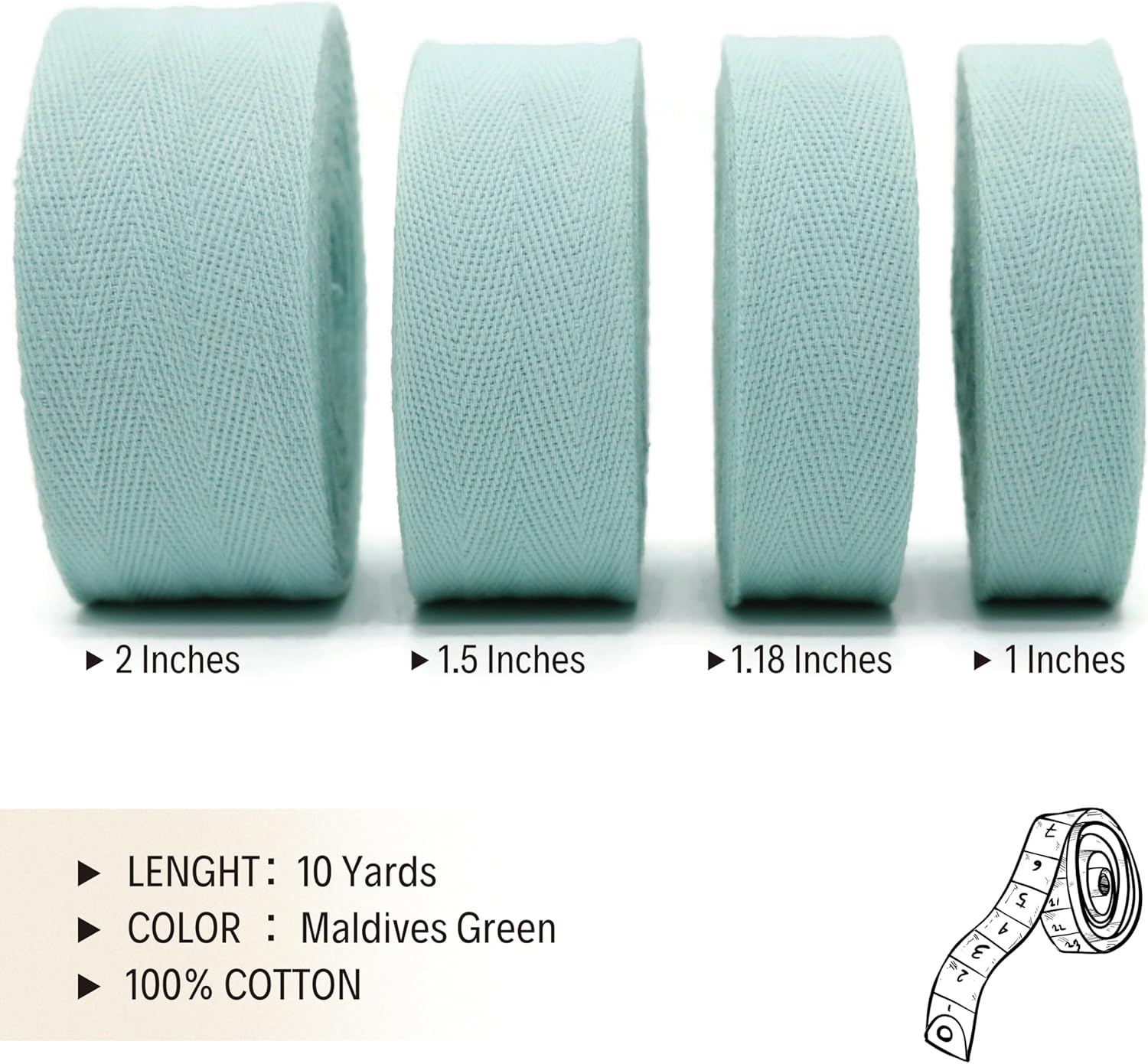 1" & 1.18" & 1.5' & 2" Cotton Herringbone Bias Binding Tape - 10 Yards - Maldives Green - 100% Natural Cotton - Craft & Sewing