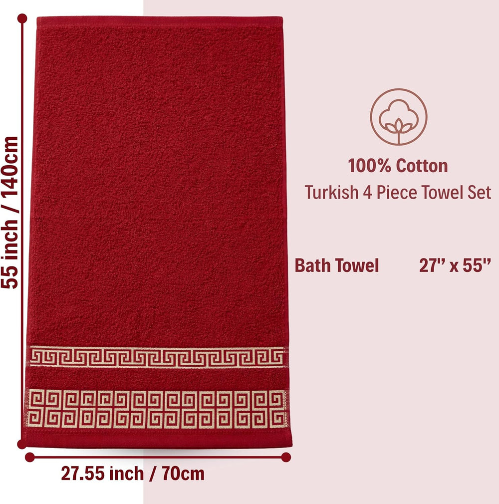 4-Piece Greek Key Bath Towel Set — Burgundy