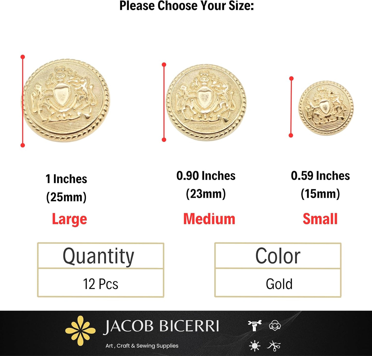 Gold Metal Shank Buttons - 12 Pcs - 3 Size Options - Twin Lion of Kingdom Round Metal Shank Buttons for Men Women Blazer Coat Uniform Shirt Suit and Jacket Sewing Craft DIY N3903