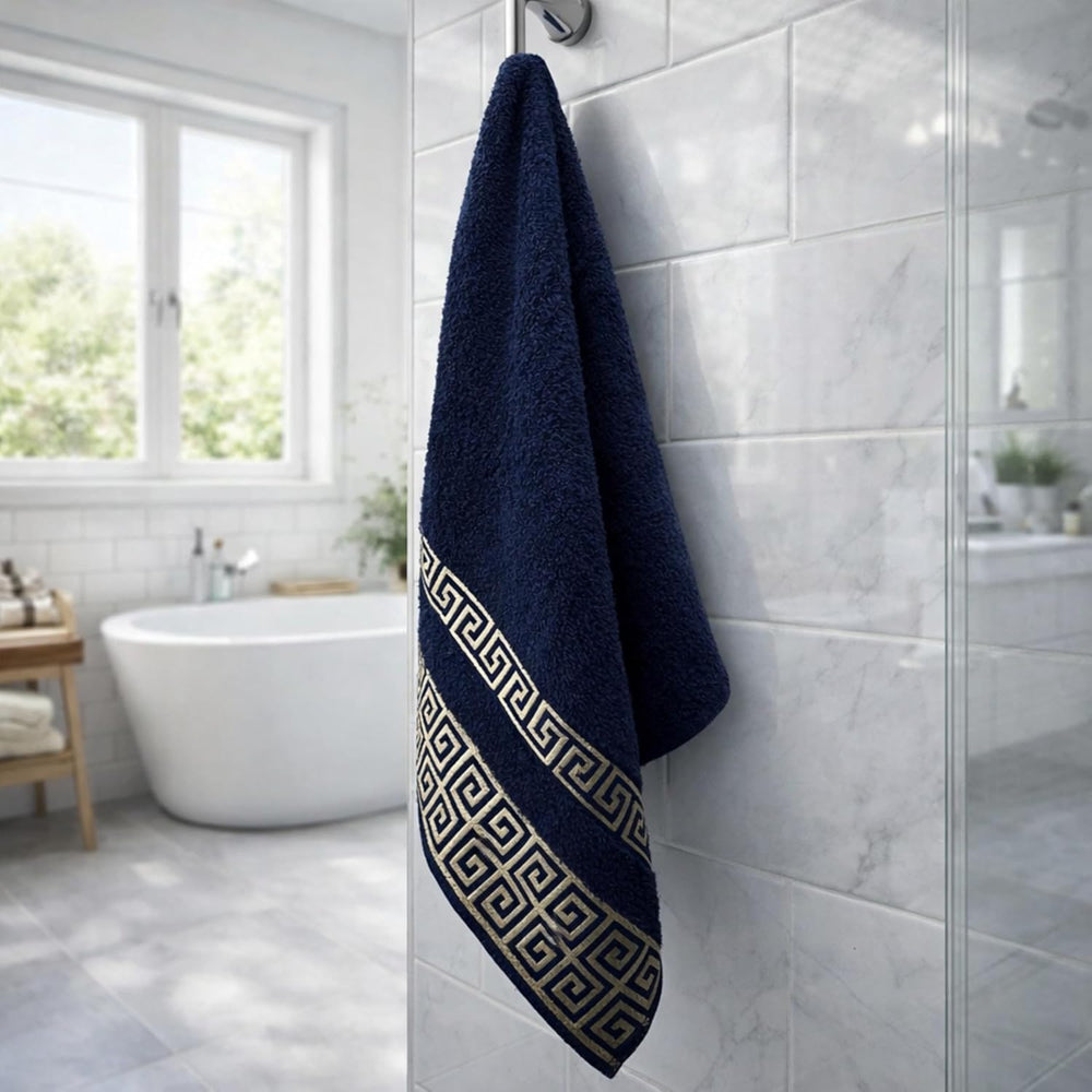 4-Piece Greek Key Bath Towel Set — Navy
