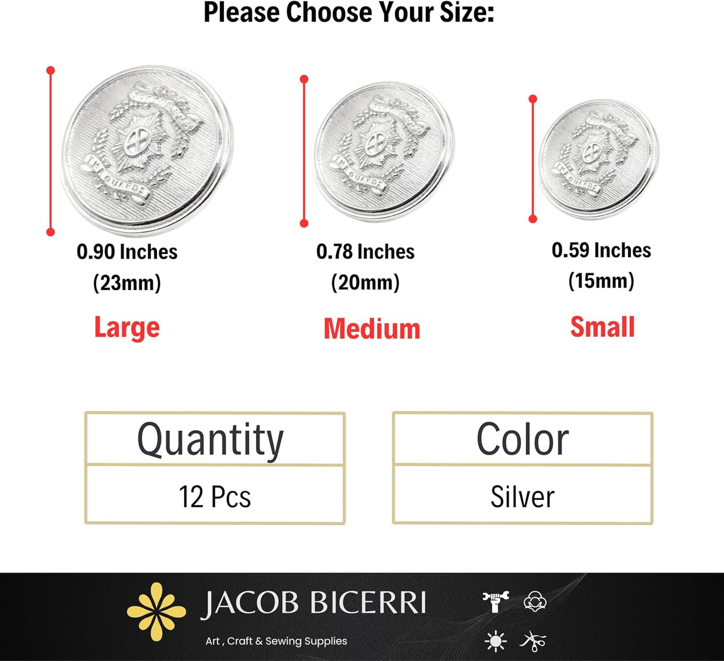 Silver Metal Shank Buttons - 12 Pcs - 3 Size Options - The Guards of Kingdom Round Metal Shank Buttons for Men Women Blazer Coat Uniform Shirt Suit and Jacket Sewing Craft DIY N6002