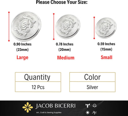 Silver Metal Shank Buttons - 12 Pcs - 3 Size Options - The Guards of Kingdom Round Metal Shank Buttons for Men Women Blazer Coat Uniform Shirt Suit and Jacket Sewing Craft DIY N6002