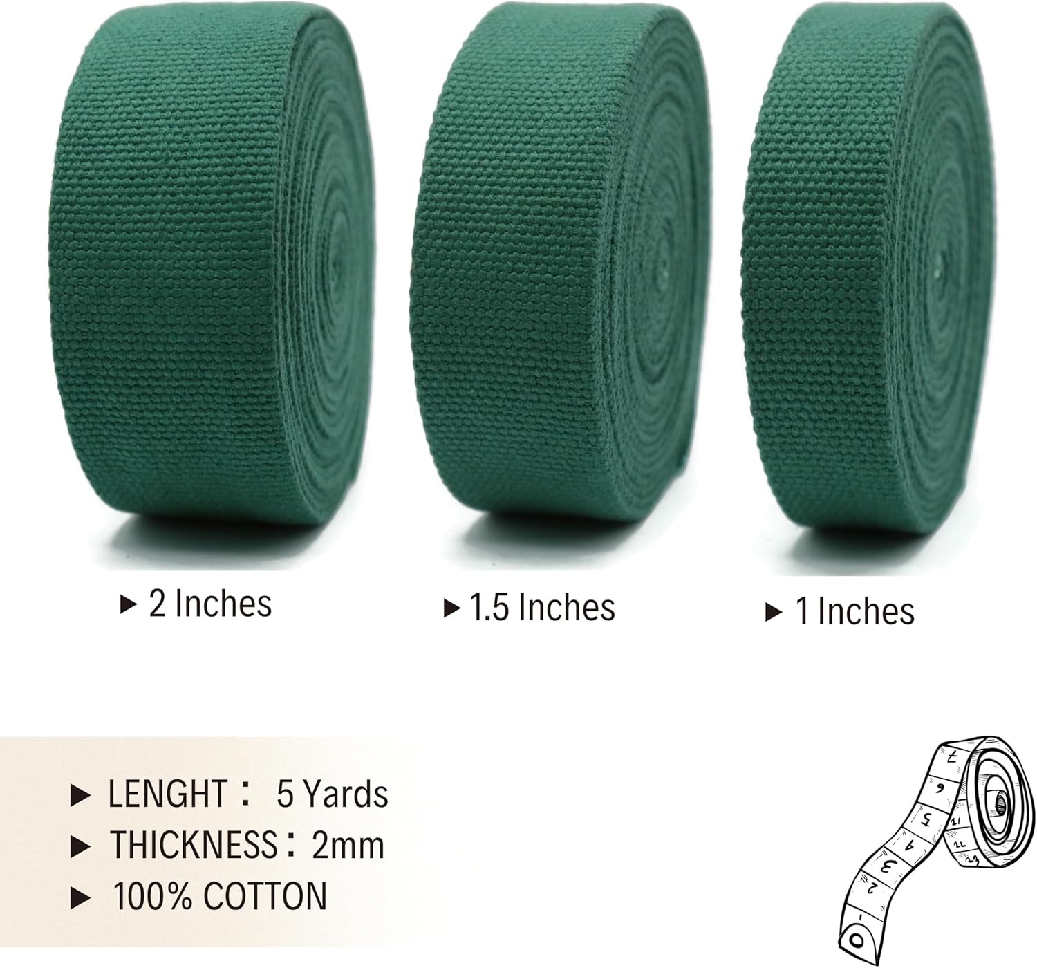 Cotton Webbing 2" & 1.5'' & 1" - 5 Yards - 50+ Colors -%100 Natural Cotton - Turkish Woven - Heavy 1 Inch 1.5 Inch 2 Inch Green Canvas Webbing for Sewing Straps Bags Climbing Indoors Craft DIY 11345…