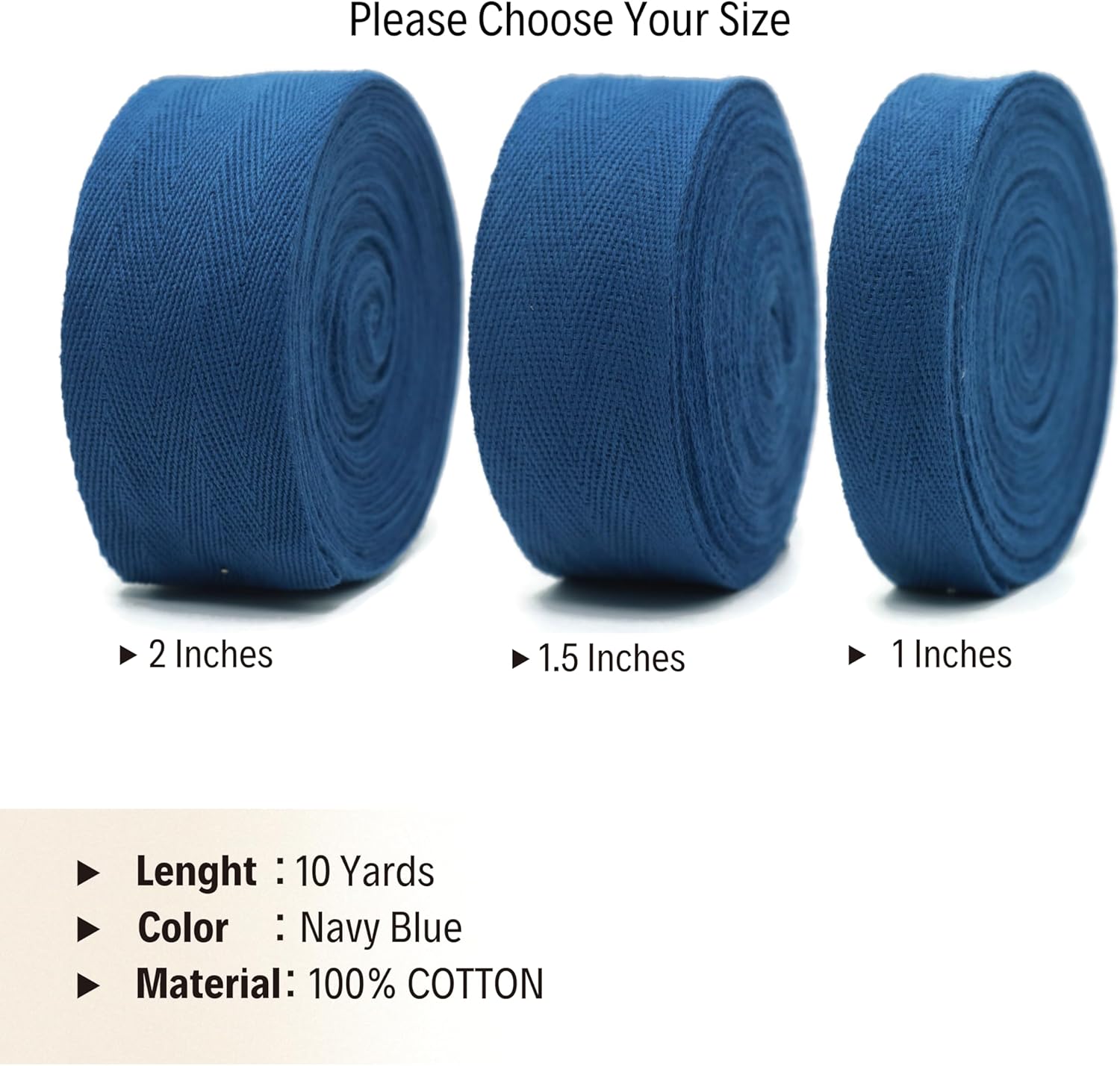 Cotton Twill Tape 2" & 1.5" & 1" - 10 Yards - 50+ Colors -%100 Natural Cotton 1 Inch 1.5 Inch 2 Inch Herringbone Bias Binding Cotton Tape Trim for Sewing Wrapping Craft DIY Navy Blue 10425