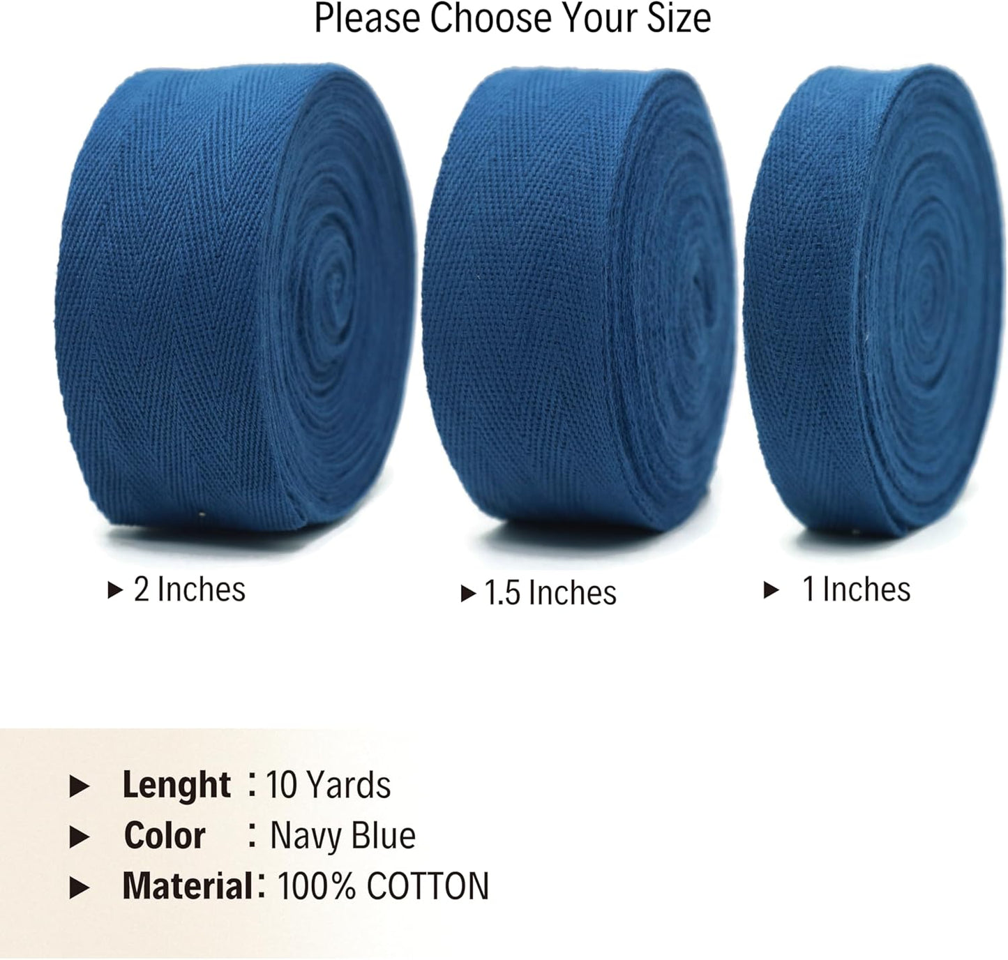 Cotton Twill Tape 1" & 1.5'' & 2" - 10 Yards - 50+ Colors -%100 Natural Cotton 1 Inch 1.5 Inch 2 Inch Herringbone Bias Binding Cotton Twill Tape Trim for Sewing Wrapping Craft DIY Navy Blue 10422