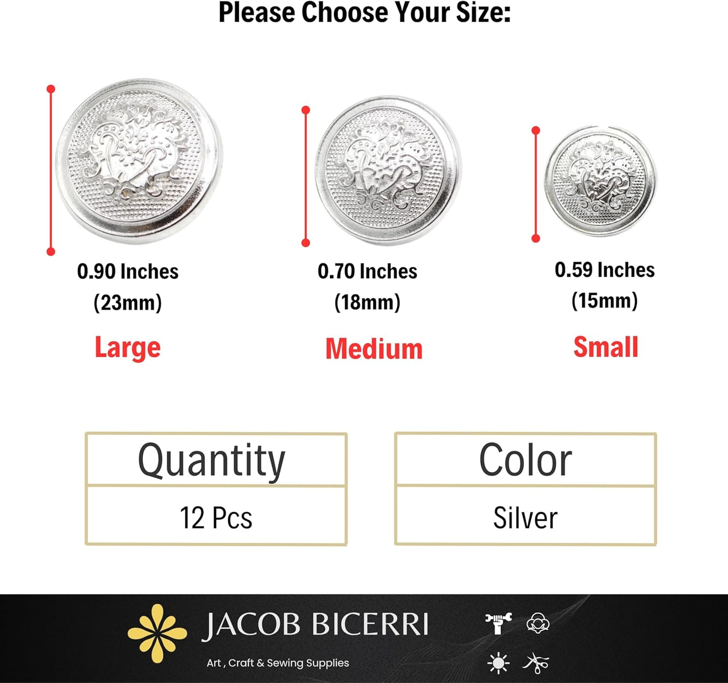 Silver Metal Shank Buttons - 12 Pcs - 3 Size Options - Floral Round Metal Shank Buttons for Men Women Blazer Coat Uniform Shirt Suit and Jacket Sewing Craft DIY N7601