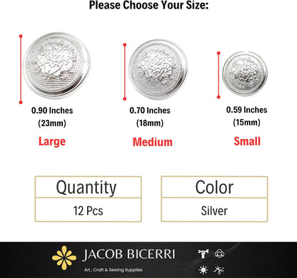 Silver Metal Shank Buttons - 12 Pcs - 3 Size Options - Floral Round Metal Shank Buttons for Men Women Blazer Coat Uniform Shirt Suit and Jacket Sewing Craft DIY N7601